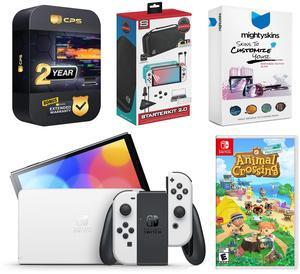 Nintendo Switch White OLED Console with Animal Crossing: New Horizons, Surge 12 in 1 Accessory Starter Kit 2.0, MightySkins Console and Controller Skin Voucher, and 2 Year CPS Extended Warranty
