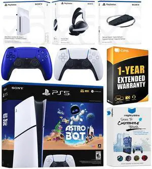 Sony PlayStation 5 Astro Bot Slim Digital Bundle with Disc Drive, Pulse Elite Headset, Extra Controller, Vertical Stand, MightySkins Voucher and 1 Year Extended Warranty - Cobalt Blue