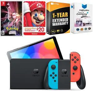 Nintendo Switch Neon Red & Blue OLED Console with Pokemon Shining Pearl, Nintendo $20 eShop Gift Card, MightySkins Console and Controller Skin Voucher and 1 Year CPS Extended Warranty