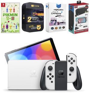 Nintendo Switch White OLED Console with Pikmin 1 + 2, Surge Accessory Gaming Kit, MightySkins Console and Controller Skin Voucher and 2 YearCPS Extended Warranty