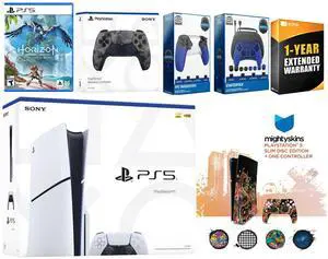 Sony Playstation 5 Slim Disc with Horizon Forbidden West, Extra Gray Camo Controller, Gamer Kit, Trigger Kit and MightySkins Decal Voucher + 1 Year CPS Extended Warranty