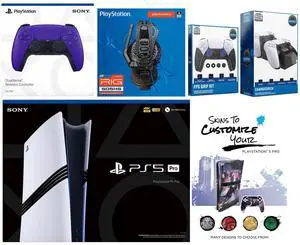 Sony Playstation 5 Pro Bundle with Extra Galactic Purple Controller, Plantronics Headset, FPS Grip Kit, Dual Charge Dock and MightySkins Decal Voucher