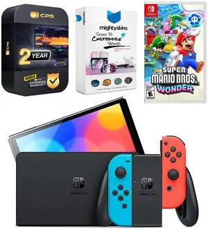 Nintendo Switch Neon Red & Blue OLED Console with Super Mario Bros. Wonder, MightySkins Console and Controller Skin Voucher, and 2 Year CPS Extended Warranty
