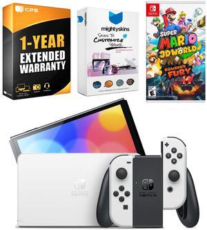 Nintendo Switch White OLED Console with Super Mario 3D World + Bowsers Fury, MightySkins Console and Controller Skin Voucher, and 1 Year CPS Extended Warranty
