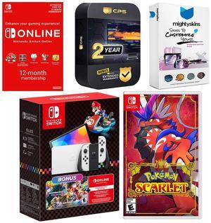 Nintendo Switch OLED Console Mario Kart 8 Bundle with Pokemon Scarlet, NSO 12 Month Family Membership, MightySkins Console and Controller Skin Voucher, and 2 Year CPS Extended Warranty