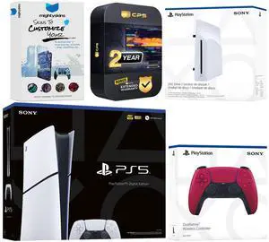 Sony PlayStation 5 Slim Digital Bundle with Disc Drive, Extra Controller, MightySkins Code and 2 Year Extended Warranty - Cosmic Red