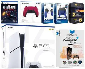 Sony Playstation 5 Slim Disc with Spider-Man: Miles Morales, Extra Cosmic Red Controller, Gamer Kit, Trigger Kit and MightySkins Decal Voucher + 2 Year CPS Extended Warranty