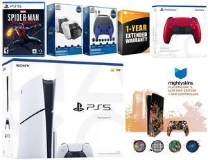 Sony Playstation 5 Slim Disc with Spider-Man: Miles Morales, Extra Volcanic Red Controller, Gamer Kit, Charge Dock and MightySkins Decal Voucher + 1 Year CPS Extended Warranty
