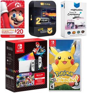 Nintendo Switch OLED Console Mario Kart 8 Bundle with Pokemon Let's Go, Pikachu!, Nintendo $20 eShop Gift Card, MightySkins Console and Controller Skin Voucher, and 2 Year CPS Extended Warranty