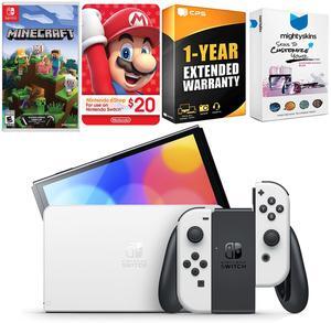 Nintendo Switch White OLED Console with Minecraft: Switch Edition, Nintendo $20 eShop Gift Card, MightySkins Console and Controller Skin Voucher, and 1 Year CPS Extended Warranty