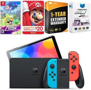 Nintendo Switch Neon Red & Blue OLED Console with The Legend Of Zelda Echoes Of Wisdom, Nintendo $20 eShop Gift Card, MightySkins Console and Controller Skin Voucher and 1 Year CPS Extended Warranty