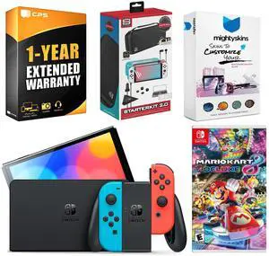Nintendo Switch Neon Red & Blue OLED Console with Mario Kart 8 Deluxe, Surge Accessory Gaming Kit, MightySkins Console and Controller Skin Voucher, and 1 Year CPS Extended Warranty