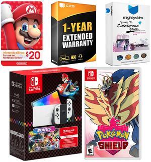 Nintendo Switch OLED Console Mario Kart 8 Bundle with Pokemon Shield, Nintendo $20 eShop Gift Card, MightySkins Console and Controller Skin Voucher, and 1 Year CPS Extended Warranty