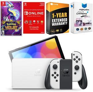 Nintendo Switch White OLED Console with Pokemon Violet, NSO 12 Month Family Membership, MightySkins Console and Controller Skin Voucher, and 1 Year CPS Extended Warranty