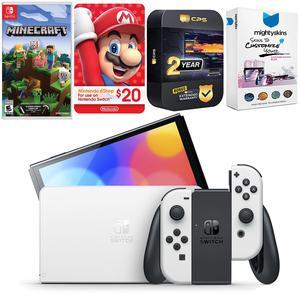 Nintendo Switch White OLED Console with Minecraft: Switch Edition, Nintendo $20 eShop Gift Card, MightySkins Console and Controller Skin Voucher, and 2 Year CPS Extended Warranty