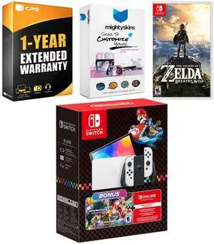 Nintendo Switch OLED Console Mario Kart 8 Deluxe Bundle with The Legend of Zelda Breath of the Wild, MightySkins Console and Controller Skin Voucher, and 1 Year CPS Extended Warranty