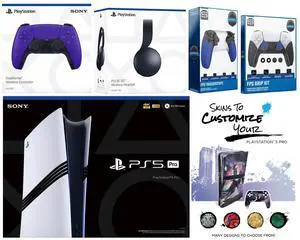 Sony Playstation 5 Pro Bundle with Black Pulse Headset, Extra Galactic Purple Controller, Trigger Stop Kit, FPS Grip Kit and MightySkins Decal Voucher Plus 1 Year CPS Extended Warranty