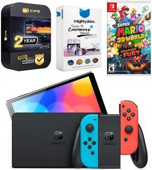 Nintendo Switch Neon Red & Blue OLED Console with Super Mario 3D World + Bowsers Fury, MightySkins Console and Controller Skin Voucher, and 2 Year CPS Extended Warranty