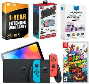Nintendo Switch Neon Red & Blue OLED Console with Super Mario 3D World + Bowsers Fury, Surge Accessory Gaming Kit, MightySkins Console and Controller Skin Voucher, and 1 Year CPS Extended Warranty