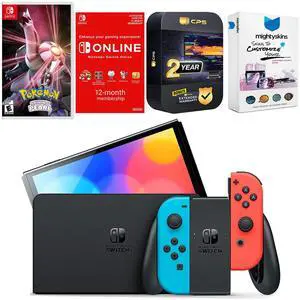 Nintendo Switch Neon Red & Blue OLED Console with Pokemon Shining Pearl, NSO 12 Month Family Membership, MightySkins Console and Controller Skin Voucher and 2 Year CPS Extended Warranty