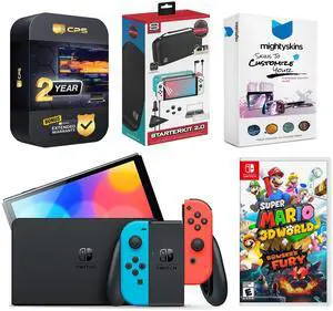 Nintendo Switch Neon Red & Blue OLED Console with Super Mario 3D World + Bowsers Fury, Surge Accessory Gaming Kit, MightySkins Console and Controller Skin Voucher, and 2 Year CPS Extended Warranty