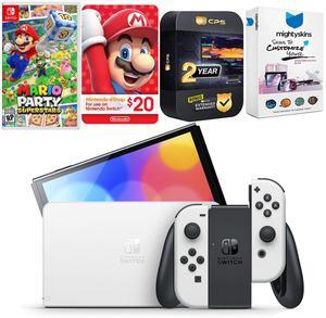 Nintendo Switch White OLED Console with Mario Party Superstars, Nintendo $20 eShop Gift Card, MightySkins Console and Controller Skin Voucher, and 2 Year CPS Extended Warranty