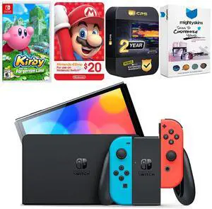 Nintendo Switch Neon Red & Blue OLED Console with Kirby and the Forgotten Land, Nintendo $20 eShop Gift Card, MightySkins Console and Controller Skin Voucher and 2 Year CPS Extended Warranty