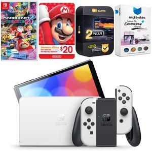 Nintendo Switch White OLED Console with Mario Kart 8 Deluxe, Nintendo $20 eShop Gift Card, MightySkins Console and Controller Skin Voucher, and 2 Year CPS Extended Warranty