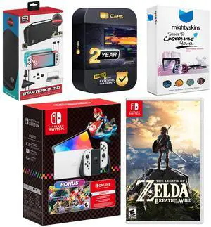Nintendo Switch OLED Console Mario Kart 8 Deluxe Bundle with the Legend of Zelda: Breath of the Wild, Surge Accessory Gaming Kit, MightySkins Console and Controller Skin Voucher, and 2 Year CPS Exten