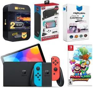 Nintendo Switch Neon OLED  with Mario & Luigi: Brothership, Gaming Kit, MightySkins Voucher and 2 Year CPS Extended Warranty