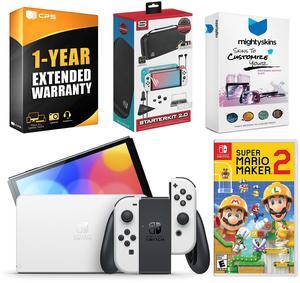 Nintendo Switch White OLED Console with Mario Maker 2, Surge Accessory Gaming Kit, MightySkins Console and Controller Skin Voucher, and 1 Year CPS Extended Warranty