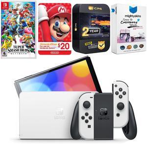 Nintendo Switch White OLED Console with Super Smash Bros: Ultimate, Nintendo $20 eShop Gift Card, MightySkins Console and Controller Skin Voucher, and 2 Year CPS Extended Warranty