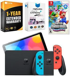 Nintendo Switch Neon Red & Blue OLED Console with Super Mario Bros. Wonder, MightySkins Console and Controller Skin Voucher, and 1 Year CPS Extended Warranty