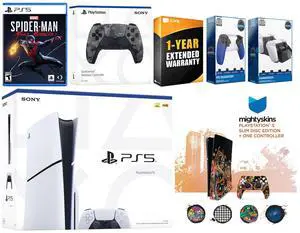 Sony Playstation 5 Slim Disc with Spider-Man: Miles Morales, Extra Gray Camo Controller, Trigger Stop Kit, Charge Dock and MightySkins Decal Voucher + 1 Year CPS Extended Warranty