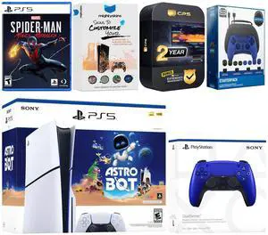 Sony PlayStation 5 Slim Disc Astro Bot, Spider-Man Miles Morales Bundle with Extra Cobalt Blue Controller, Pro Gamer Starter Kit, MightySkins Code and 2 Year Extended Warranty