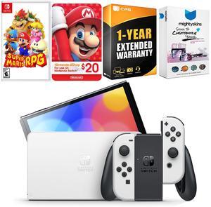 Nintendo Switch White OLED Console with Super Mario RPG , Nintendo $20 eShop Gift Card, MightySkins Console and Controller Skin Voucher, and 1 Year CPS Extended Warranty