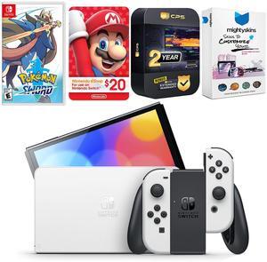 Nintendo Switch White OLED Console with Pokemon Sword, Nintendo $20 eShop Gift Card, MightySkins Console and Controller Skin Voucher, and 2 Year CPS Extended Warranty