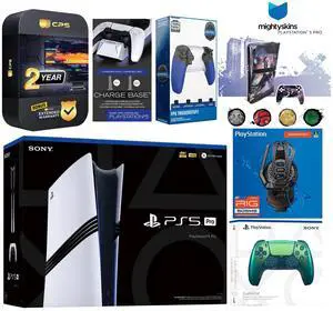 Sony Playstation 5 Pro Bundle with Extra Chroma Teal Controller, Plantronics Headset, Trigger Stop Kit, Dual Charge Dock and MightySkins Decal Voucher Plus 2 Year CPS Extended Warranty