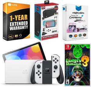Nintendo Switch White OLED Console with Luigis Mansion 3, Surge Accessory Gaming Kit, MightySkins Console and Controller Skin Voucher, and 1 Year CPS Extended Warranty