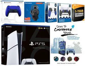 Sony Playstation 5 Slim Digital with Extra Cobalt Blue Controller, Plantronics Headset, Trigger Stop Kit, FPS Grip Kit and MightySkins Decal Voucher + 1 Year CPS Extended Warranty