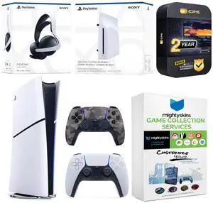 Sony PlayStation 5 Slim Digital Bundle with Disc Drive, Extra Controller, Pulse Elite Headset, MightySkins Game Collection and 2 Year Extended Warranty - Gray Camo