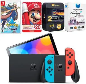 Nintendo Switch Neon Red & Blue OLED Console with Pokemon Sword, Nintendo $20 eShop Gift Card, MightySkins Console and Controller Skin Voucher and 2 Year CPS Extended Warranty