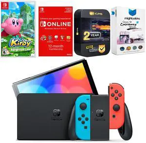Nintendo Switch Neon Red & Blue OLED Console with Kirby and the Forgotten Land, NSO 12 Month Family Membership, MightySkins Console and Controller Skin Voucher and 2 Year CPS Extended Warranty