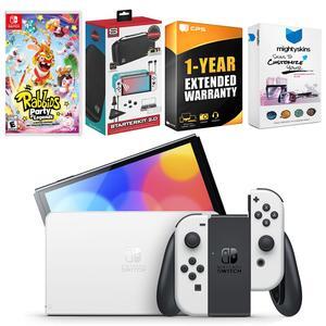 Nintendo Switch White OLED Console with Rabbids: Party of Legends, Surge Accessory Gaming Kit, MightySkins Console and Controller Skin Voucher, and 1 Year CPS Extended Warranty