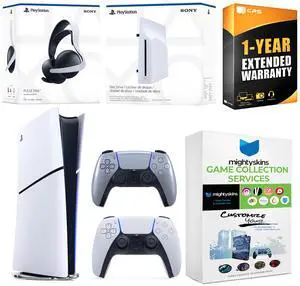 Sony PlayStation 5 Slim Digital Bundle with Disc Drive, Extra Controller, Pulse Elite Headset, MightySkins Game Collection and 1 Year Extended Warranty - Sterling Silver