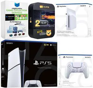 Sony PlayStation 5 Slim Digital Bundle with Disc Drive, Extra Controller, MightySkins Game Collection and 2 Year Extended Warranty - Chroma Pearl
