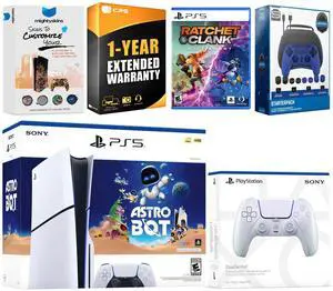 Sony PlayStation 5 Slim Disc Astro Bot, Rachet and Clank Bundle with Extra Chroma Pearl Controller, Pro Gamer Starter Kit, MightySkins Code and 1 Year Extended Warranty