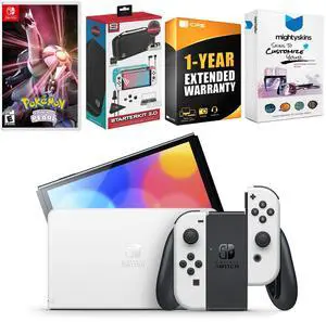 Nintendo Switch White OLED Console with Pokemon Shining Pearl, Surge Accessory Gaming Kit, MightySkins Console and Controller Skin Voucher, and 1 Year CPS Extended Warranty