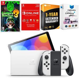 Nintendo Switch White OLED Console with Luigis Mansion 3, NSO 12 Month Family Membership, MightySkins Console and Controller Skin Voucher, and 1 Year CPS Extended Warranty