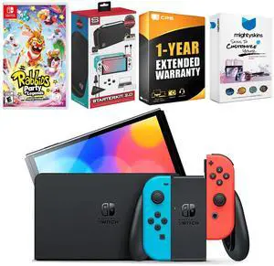 Nintendo Switch Neon Red & Blue OLED Console with Rabbids: Party of Legends Edition, Surge Accessory Gaming Kit, MightySkins Console and Controller Skin Voucher, and 1 Year CPS Extended Warranty